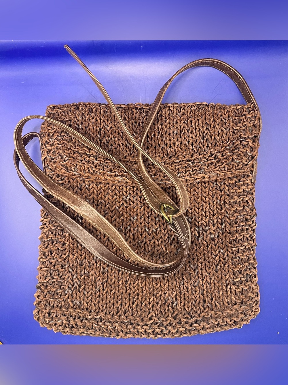 Vintage CEM Brown Hand-Knitted Leather Crossbody Messenger Bag
